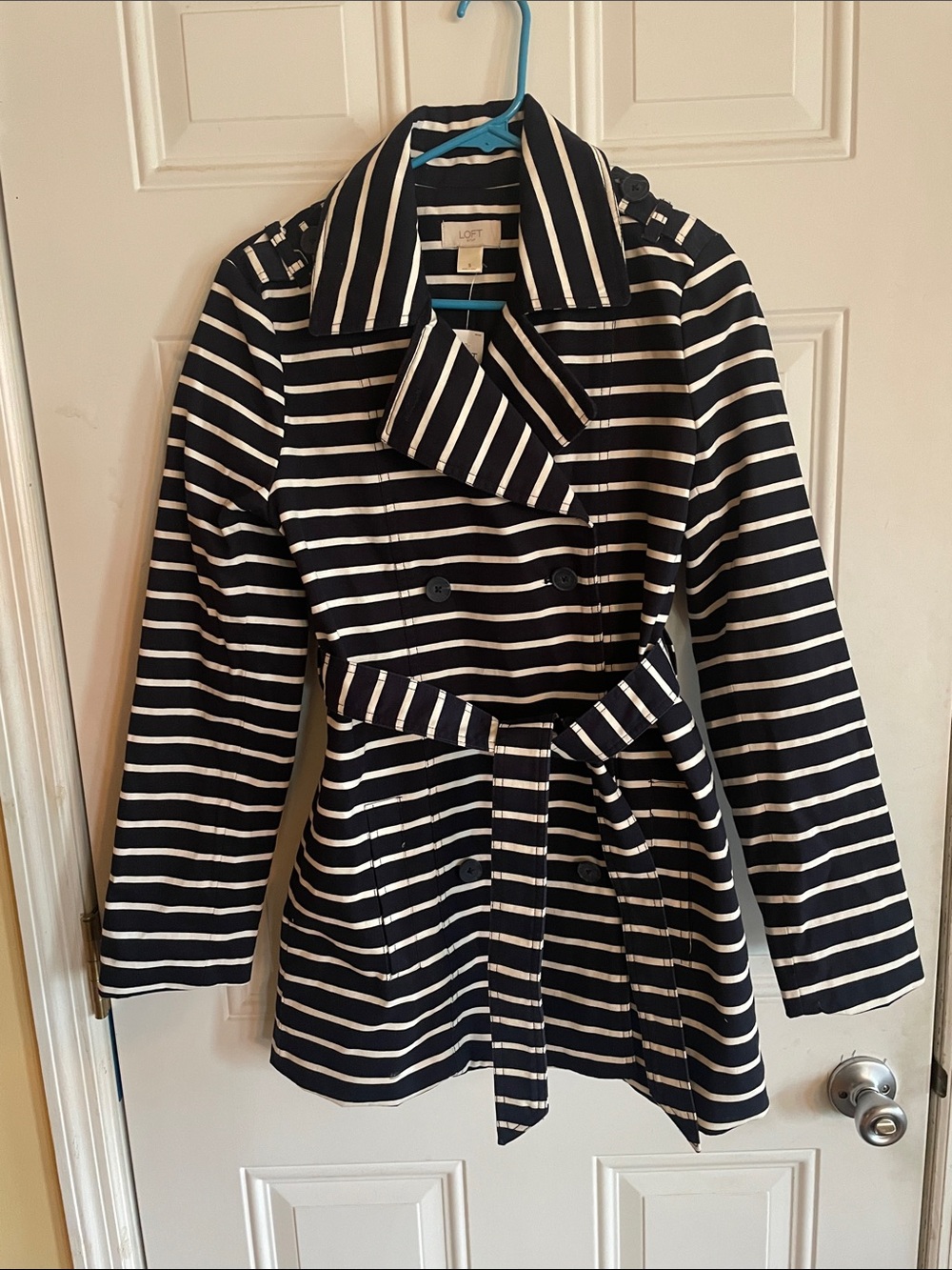 LOFT Navy and White Striped Belted Trench Coat NWT small